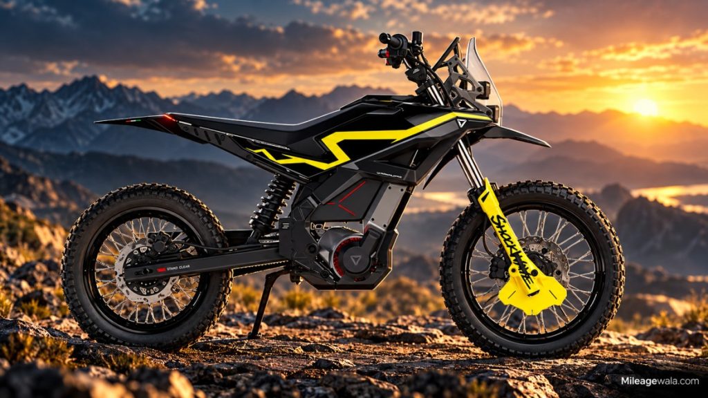 Ultraviolette Shockwave electric dual-sport motorcycle in Frost White with raised front mudguard, LED headlights and spoked wheels.