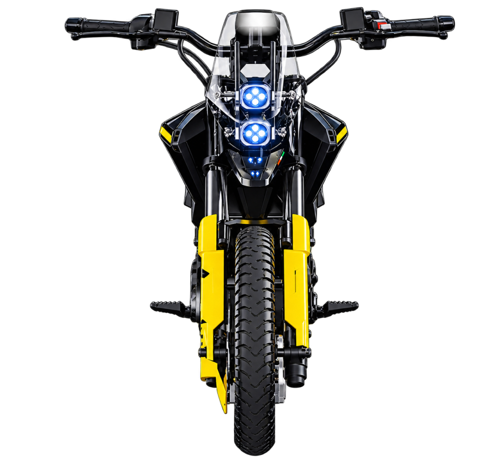Ultraviolette Shockwave electric dual-sport motorcycle in Frost White with raised front mudguard, LED headlights and spoked wheels. Front Design