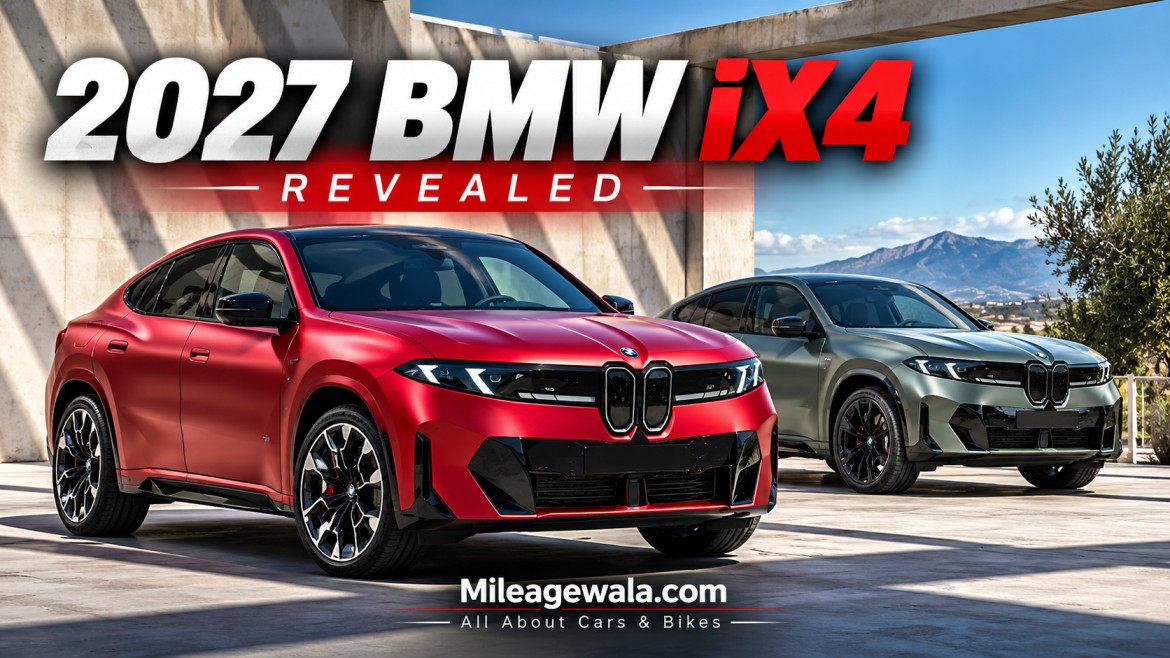 2027 BMW iX4 red and grey electric luxury SUVs featuring sporty coupe design and BMW Neue Klasse styling.