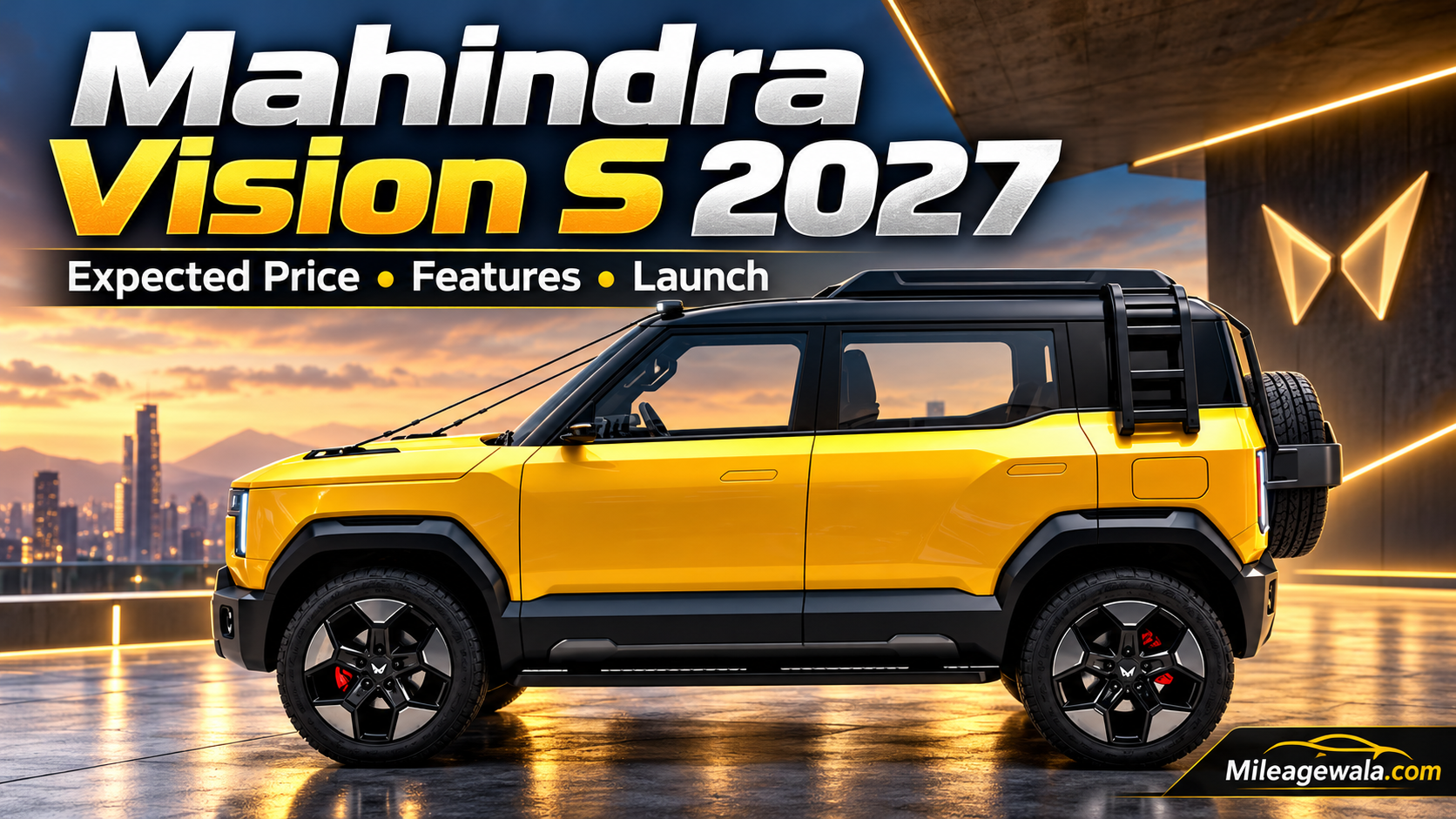 Mahindra Vision S 2027 concept SUV in yellow featuring bold front grille, vertical LED headlights, black roof and rugged exterior styling.