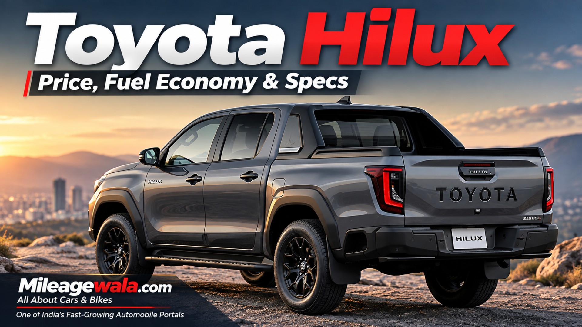 Toyota Hilux 2026 grey pickup truck rear three-quarter view showing exterior design, price, fuel economy and specifications.