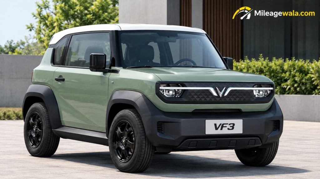 Green VinFast VF3 electric SUV with a white roof parked outdoors, featuring a compact design and black body cladding.